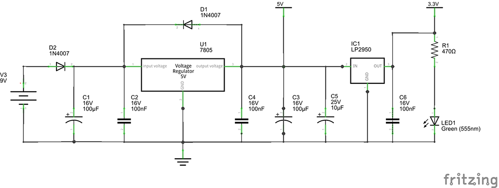 Spannungsregler 9V->5V->3.3V 